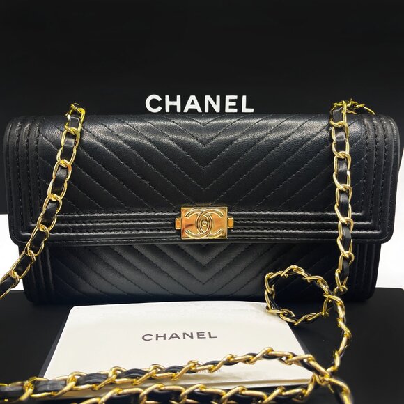 Authentic CHANEL Boy CC Chevron Flap Caviar Wallet Chain Shoulder Crossbody - Picture 1 of 12